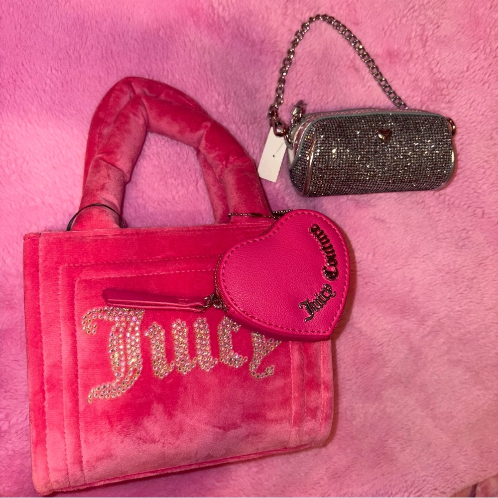 New Juicy Couture Fuchsia Velvet Tote with Heart Pouch and mini silver bag